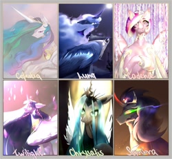 Size: 2048x1891 | Tagged: safe, artist:peacheb_o, derpibooru import, king sombra, princess cadance, princess celestia, princess luna, princess twilight 2.0, queen chrysalis, twilight sparkle, twilight sparkle (alicorn), alicorn, changeling, changeling queen, pony, unicorn, the last problem, bust, cape, clothes, curved horn, ear piercing, earring, female, full moon, horn, jewelry, looking up, lying down, male, mare, moon, open mouth, peytral, piercing, prone, six fanarts, smiling, sombra eyes, stallion, tiara