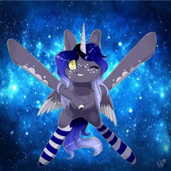 Size: 875x875 | Tagged: safe, artist:ellis_sunset, derpibooru import, oc, oc only, alicorn, pony, alicorn oc, clothes, flying, freckles, horn, jewelry, necklace, one eye closed, signature, socks, solo, space, stars, striped socks, two toned wings, wings, wink, yin-yang