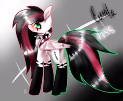 Size: 2560x2090 | Tagged: safe, artist:ellis_sunset, derpibooru import, oc, oc only, oc:emala jiss, pegasus, pony, blushing, choker, clothes, eye scar, gradient background, pegasus oc, scar, socks, solo, spiked choker, wings