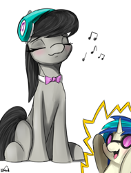 Size: 1900x2500 | Tagged: safe, artist:nixworld, derpibooru import, dj pon-3, octavia melody, vinyl scratch, earth pony, pony, unicorn, bow, cute, headphones, listening, music, music notes, sitting, smiling