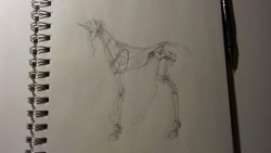 Size: 1632x918 | Tagged: safe, artist:kiwwsplash, derpibooru import, oc, oc only, pony, robot, robot pony, unicorn, horn, lineart, notebook, pencil, solo, traditional art, unicorn oc