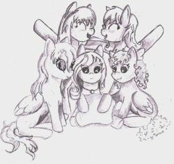 Size: 1083x1024 | Tagged: safe, artist:intfighter, derpibooru import, oc, oc only, pegasus, pony, eyes closed, group, jewelry, necklace, pegasus oc, sitting, smiling, traditional art, wings