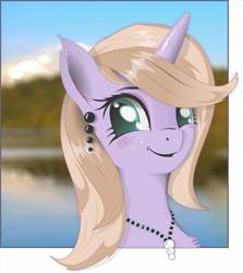 Size: 1894x2122 | Tagged: safe, artist:aquilateagle, derpibooru import, oc, oc only, oc:lilac atropina, pony, unicorn, blushing, chest fluff, ear piercing, earring, female, freckles, jewelry, looking at you, mare, necklace, outdoors, outside the borders, piercing, solo, vector