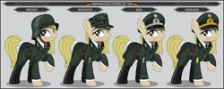 Size: 1280x512 | Tagged: safe, artist:brony-works, derpibooru import, earth pony, pony, border guard, clothes, cold war, female, flag, german, germany, happy, hat, helmet, line-up, mare, military, military uniform, peaked cap, raised hoof, simple background, smiling, soldier, solo, text, uniform, west germany, white background