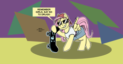 Size: 1645x859 | Tagged: safe, artist:monterrang, derpibooru import, fluttershy, pegasus, pony, 90s grunge fluttershy, backwards ballcap, baseball cap, cap, dialogue, drugs are bad, feather fingers, female, grin, hat, just say no, mare, public service announcement, skateboard, smiling, solo, speech bubble, sunglasses, wing hands, wings