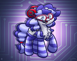 Size: 3250x2560 | Tagged: safe, artist:kimjoman, derpibooru import, oc, oc only, oc:cinnabyte, earth pony, pony, accessories, chest fluff, circuit board, clothes, commission, cute, female, glasses, headset, looking at you, mare, socks, solo, striped socks