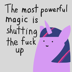 Size: 2048x2048 | Tagged: safe, altbooru exclusive, artist:2merr, ponybooru exclusive, twilight sparkle, unicorn twilight, pony, unicorn, :), dialogue, drawn on phone, female, gray background, horn, mare, reaction image, shut the fuck up, simple background, smiley face, smiling, solo, stfu, stylistic suck, talking to viewer, vulgar