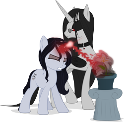 Size: 2000x1967 | Tagged: safe, artist:the-croolik, derpibooru import, oc, oc only, oc:tirana vongrell, oc:vileraven, oc:vongrell, alicorn, unicorn, vampire, vampony, alicorn oc, eyes closed, flower, glasses, horn, magic, mentor and protege, simple background, teacher and student, transparent background, unicorn oc, wings