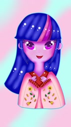 Size: 1836x3264 | Tagged: safe, artist:mary_dibuja, derpibooru import, twilight sparkle, equestria girls, :d, abstract background, bust, clothes, female, kimono (clothing), open mouth, smiling, solo