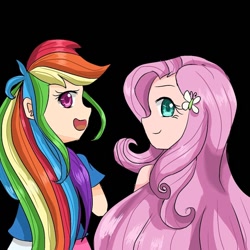 Size: 1000x1000 | Tagged: safe, artist:ariefahazzardiniya, derpibooru import, fluttershy, rainbow dash, human, black background, bust, clothes, duo, hairclip, humanized, looking back, open mouth, simple background, smiling