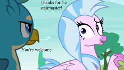 Size: 1280x720 | Tagged: safe, derpibooru import, edit, edited screencap, screencap, gallus, silverstream, school daze, cute, dialogue, diastreamies, jewelry, necklace, that hippogriff sure does love stairs, tree