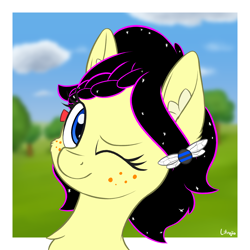 Size: 2000x2000 | Tagged: safe, artist:litrojia, derpibooru import, oc, oc only, oc:sunnie bun, earth pony, pony, blurry background, bust, cheek fluff, chest fluff, cloud, commission, ear fluff, female, freckles, looking at you, mare, one eye closed, portrait, scenery, smiling, solo, tree, wink