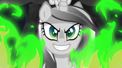 Size: 766x430 | Tagged: safe, artist:serinasnake, derpibooru import, screencap, princess cadance, queen chrysalis, alicorn, changeling, changeling queen, pony, disguise, disguised changeling, fake cadance, fire, green fire, solo