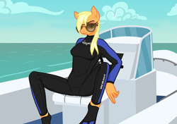 Size: 2893x2039 | Tagged: safe, artist:camo-pony, derpibooru exclusive, derpibooru import, applejack, anthro, plantigrade anthro, applerack, breasts, clothes, flippers, looking at you, sunglasses, wet, wet mane, wetsuit