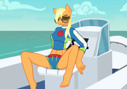 Size: 2893x2039 | Tagged: safe, alternate version, artist:camo-pony, derpibooru exclusive, derpibooru import, applejack, anthro, plantigrade anthro, applerack, breasts, clothes, equestria girls outfit, looking at you, sunglasses, swimsuit, wet, wet mane