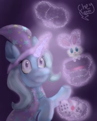 Size: 768x960 | Tagged: safe, artist:cheybonn_thunder, derpibooru import, trixie, pony, unicorn, bunny out of the hat, card, duo, female, glowing horn, hat, horn, magic, magic trick, mare, raised hoof, signature, smiling, telekinesis, top hat