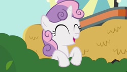 Size: 1280x720 | Tagged: safe, derpibooru import, screencap, sweetie belle, pony, unicorn, twilight time, bush, cute, diasweetes, eyes closed, female, filly, solo