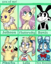 Size: 768x960 | Tagged: safe, artist:cheybonn_thunder, derpibooru import, fluttershy, anthro, pegasus, pikachu, pony, rabbit, animal, animatronic, anthro with ponies, bendy and the ink machine, boris, bowtie, bust, clothes, crossover, five nights at freddy's, jolteon, lola bunny, male, mouth hold, overalls, pacman eyes, pokémon, six fanarts, space jam, toy bonnie, wide eyes