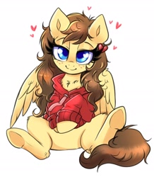 Size: 1924x2202 | Tagged: safe, artist:confetticakez, derpibooru import, oc, oc only, oc:retro hearts, pegasus, pony, chest fluff, clothes, cute, featureless crotch, female, freckles, heart eyes, hoodie, lidded eyes, mare, ocbetes, simple background, sitting, white background, wingding eyes, wings
