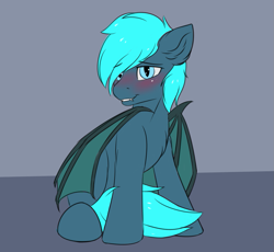 Size: 1063x980 | Tagged: safe, artist:snowstormbat, derpibooru import, oc, oc:guttatus, bat pony, pony, blushing, sitting, solo