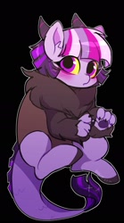 Size: 1045x1876 | Tagged: safe, artist:riukime, derpibooru import, oc, oc only, oc:jinx, draconequus, hybrid, black background, blushing, horn, interspecies offspring, offspring, parent:discord, parent:twilight sparkle, parents:discolight, simple background