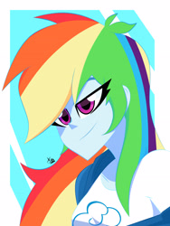 Size: 2448x3264 | Tagged: safe, artist:xan-gelx, derpibooru import, rainbow dash, equestria girls, abstract background, bust, high res, portrait, simple background, smiling