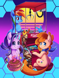 Size: 900x1200 | Tagged: safe, artist:blazemizu, derpibooru import, rainbow dash, starlight glimmer, oc, pegasus, pony, unicorn, them's fightin' herds, arcade, cake, commission, community related, food, glowing horn, horn, poster