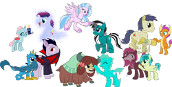 Size: 5611x2830 | Tagged: safe, artist:shadymeadow, derpibooru import, gallus, ocellus, sandbar, silverstream, smolder, yona, oc, oc:aqua shelly, oc:count bloodcula, oc:crimson howler, oc:soirée haunter, oc:trey treasure, oc:voltica stitch, changedling, changeling, classical hippogriff, dragon, ghost, griffon, hippogriff, pony, undead, vampire, vampony, werewolf, yak, boop, mummy, simple background, student six, transparent background