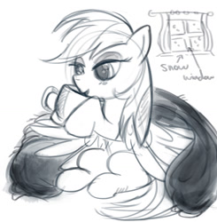 Size: 1275x1299 | Tagged: safe, anonymous artist, derpibooru import, rainbow dash, pegasus, pony, /mlp/, blanket, chocolate, cute, drawthread, food, hot chocolate, monochrome, requested art, sipping, sitting, snow, solo, window