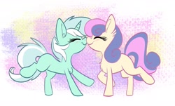 Size: 1280x773 | Tagged: safe, artist:littleblackraencloud, derpibooru import, bon bon, lyra heartstrings, sweetie drops, earth pony, pony, unicorn, canon ship, chibi, female, lesbian, lyrabon, married couple, missing cutie mark, nose to nose, nuzzling, shipping