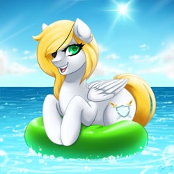 Size: 1280x1280 | Tagged: safe, artist:skairsy, derpibooru import, oc, oc:swift wing, pegasus, pony, eyepatch, female, inner tube, lying down, mare, ocean, prone, solo