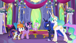 Size: 1280x720 | Tagged: safe, derpibooru import, screencap, princess celestia, princess luna, rarity, spike, twilight sparkle, twilight sparkle (alicorn), alicorn, dragon, pony, unicorn, gauntlet of fire, dirt, dirty, female, helmet, male, mare