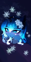 Size: 720x1436 | Tagged: safe, artist:magnaluna, derpibooru import, edit, princess luna, alicorn, pony, blushing, female, mare, snow, snowflake