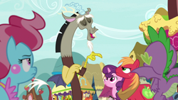 Size: 1920x1080 | Tagged: safe, derpibooru import, screencap, big macintosh, cup cake, discord, spike, sugar belle, dragon, the big mac question, big macintosh is not amused, mrs. cake is not amused, winged spike