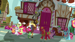 Size: 1920x1080 | Tagged: safe, derpibooru import, screencap, apple bloom, big macintosh, cup cake, discord, granny smith, scootaloo, spike, sugar belle, sweetie belle, dragon, the big mac question, apple monster, cutie mark crusaders