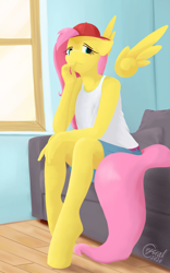 Size: 1517x2427 | Tagged: safe, artist:alicorn-without-horn, derpibooru import, fluttershy, anthro, pegasus, unguligrade anthro, 90s grunge fluttershy, baseball cap, cap, clothes, floating wings, hat, room, sitting, sofa, solo, window, wings