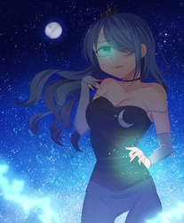 Size: 2322x2800 | Tagged: safe, artist:elinafox, derpibooru import, princess luna, human, breasts, clothes, cloud, crown, fingerless gloves, full moon, gloves, glowing eye, glowing hands, humanized, jewelry, long gloves, looking at you, moon, princess balloona, regalia, sleeveless, smiling, stars
