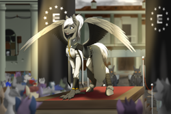Size: 3000x2000 | Tagged: safe, artist:twotail813, derpibooru import, oc, oc only, hippogriff, pony, fallout equestria, armor, claws, clothes, crowd, enclave, fallout, power armor, stage, wings