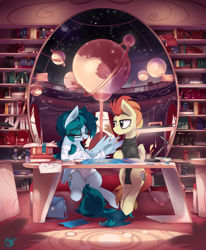 Size: 4291x5209 | Tagged: safe, artist:nevobaster, derpibooru import, oc, oc only, oc:delta vee, oc:jet stream, pegasus, bag, blueprint, book, bookshelf, clothes, compasses, conversation, drawing, eraser, female, fountain pen, glasses, globe, lamp, library, male, mare, mouth hold, pen, pencil, pencil in mouth, planet, quill, rug, ruler, scenery, shirt, sign, stallion, stars, sweater, symbol, tired, turtleneck, wings
