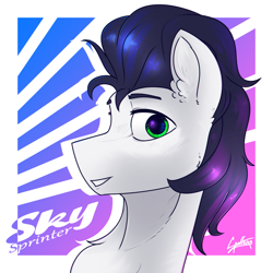 Size: 1920x1920 | Tagged: safe, artist:chebypattern, derpibooru import, oc, oc only, oc:sky sprinter, abstract background, black mane, bust, commission, green eyes, not soarin, portrait, smiling, smiling at you, solo, white coat