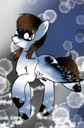 Size: 516x782 | Tagged: safe, artist:intfighter, derpibooru import, oc, pegasus, pony, abstract background, colored hooves, pegasus oc, raised hoof, smiling, solo, wings