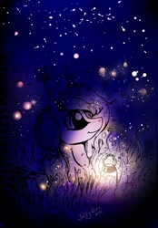 Size: 1507x2160 | Tagged: safe, artist:intfighter, derpibooru import, oc, oc only, firefly (insect), insect, pony, grass, lantern, looking up, night, outdoors, smiling, solo, stars, traditional art