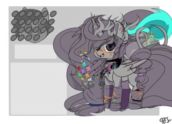 Size: 1280x927 | Tagged: safe, artist:intfighter, derpibooru import, oc, oc only, alicorn, pony, alicorn oc, blushing, ear piercing, earring, eye scar, flower, flower in hair, freckles, grin, horn, jewelry, piercing, scar, signature, smiling, solo, wings