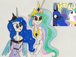 Size: 520x390 | Tagged: safe, artist:lunaart, derpibooru import, screencap, princess celestia, princess luna, human, cute, horn, horned humanization, humanized, lunabetes, royal sisters, scene interpretation, sisters, tongue out, winged humanization, wings