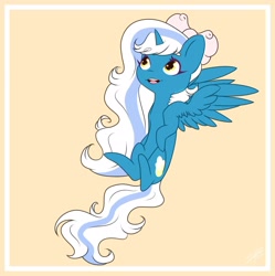 Size: 1920x1925 | Tagged: safe, artist:serinabeauty, derpibooru import, oc, oc:fleurbelle, alicorn, adorabelle, alicorn oc, bow, chibi, female, flying, golden eyes, hair bow, horn, looking up, mare, simple background, wingding eyes, wings, yellow background