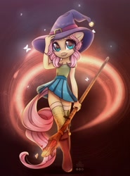 Size: 2000x2700 | Tagged: safe, artist:reterica, derpibooru import, fluttershy, anthro, unguligrade anthro, unicorn, abstract background, alternate hairstyle, clothes, cute, female, hat, let's start the game, looking at you, mage, mare, shyabetes, skirt, smiling, solo, staff, wand, witch hat