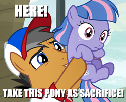 Size: 1333x1077 | Tagged: safe, derpibooru import, edit, edited screencap, screencap, quibble pants, wind sprint, earth pony, pegasus, pony, common ground, caption, cropped, duo, family, father and child, father and daughter, female, filly, holding a pony, image macro, male, parent and child, stallion, text