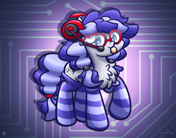 Size: 3250x2560 | Tagged: safe, artist:kimjoman, derpibooru import, oc, oc only, oc:cinnabyte, :p, adorkable, clothes, commission, cute, dork, fluffy, gaming headset, glasses, headphones, headset, socks, striped socks, tongue out