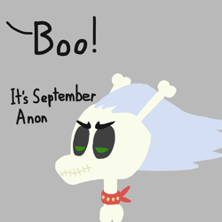 Size: 2048x2048 | Tagged: safe, artist:2merr, skellinore, pony, skeleton pony, the break up breakdown, /mlp/, 4chan, bone, boo, dialogue, drawn on phone, drawthread, female, gray background, implied anon, offscreen character, requested art, simple background, skeleton, solo, spoopy, stylistic suck, unamused