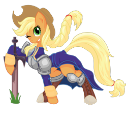 Size: 3112x3038 | Tagged: safe, artist:halotheme, derpibooru import, applejack, earth pony, pony, agrias oaks, clothes, costume, crossover, female, final fantasy, final fantasy tactics, high res, mare, one eye closed, simple background, smiling, solo, sword, transparent background, vector, weapon, wink